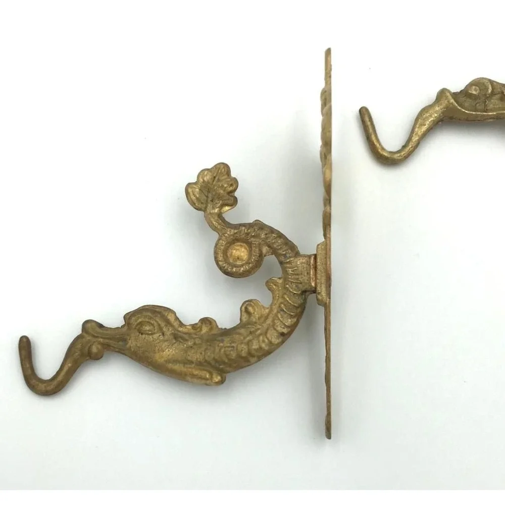 VTG Brass Dragon Sea Creature Wall Hooks Ornate Nautical Decor Set of 2 Coastal